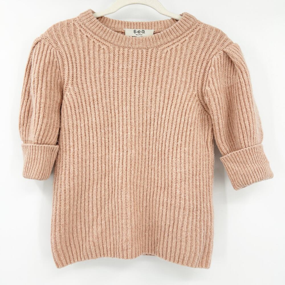 Sea Womens Juliette Puff Sleeve Merino Wool Alpaca Hemp Blend Knit Sweater XS